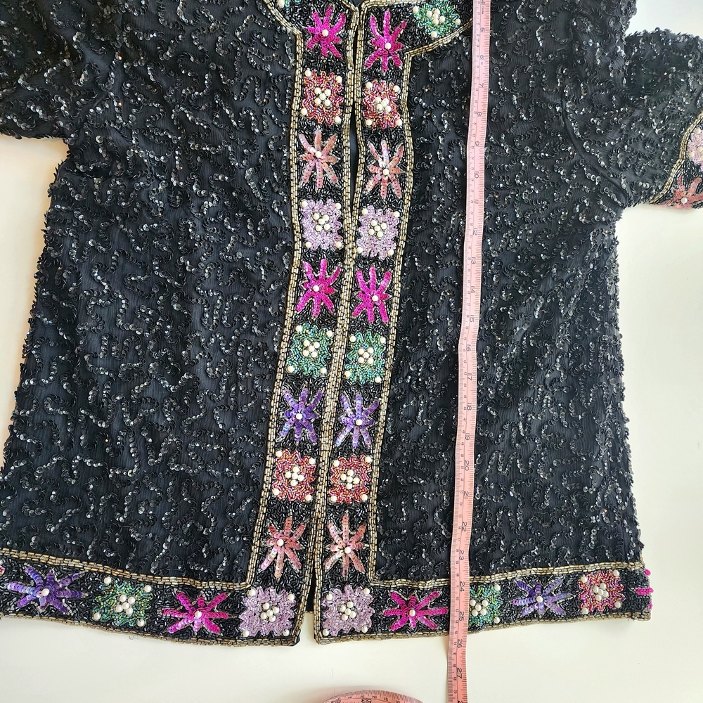 Vintage Laurence Kazar NY Embellished Sequin Beaded Black Jacket Top Large Silk - Picture 7 of 9